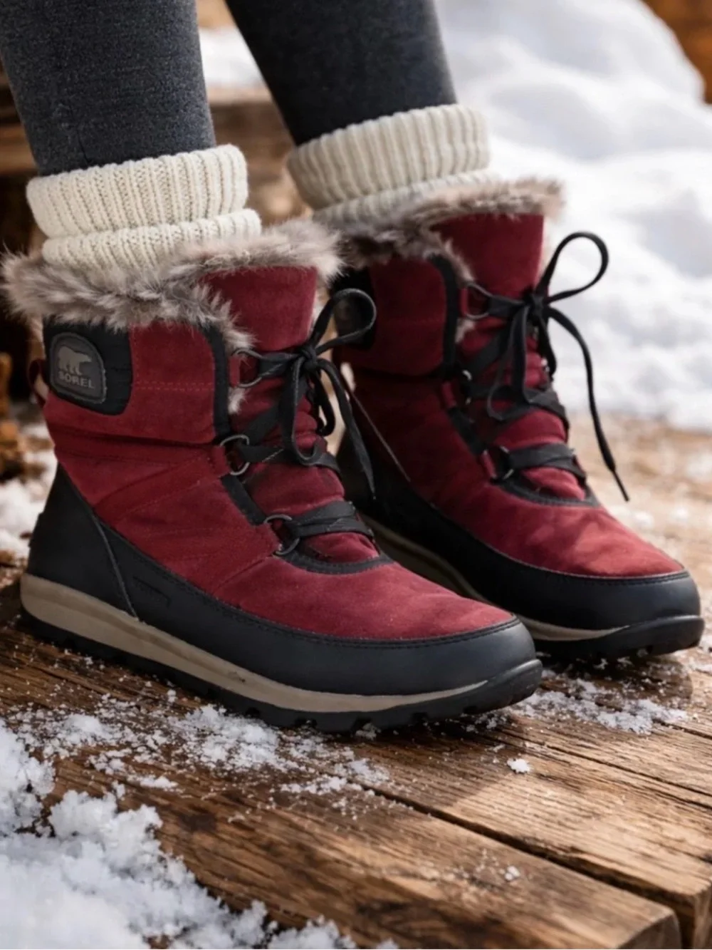Sorel Women's Maroon Black Tivoli Sport Cattail Faux Fur Snow Boot Size US 9
